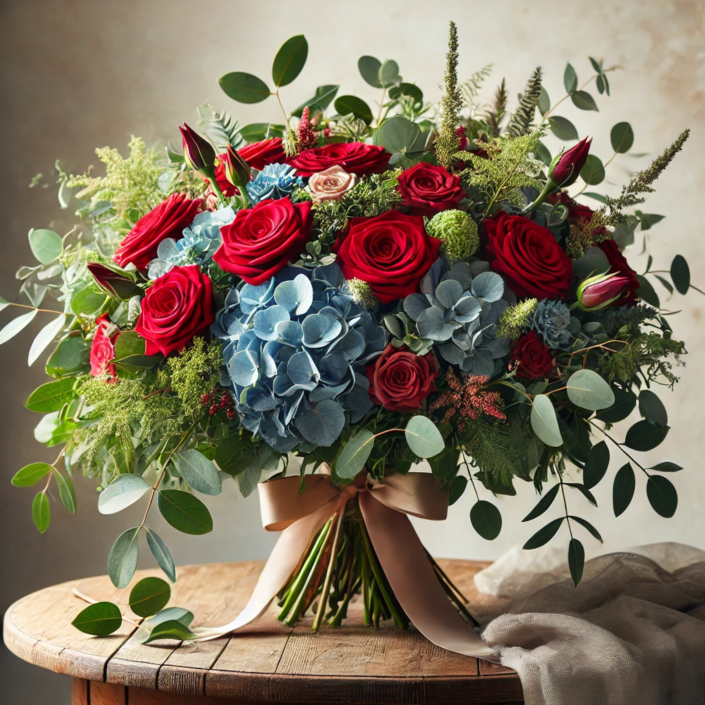 Bukiet z róż i hortensji